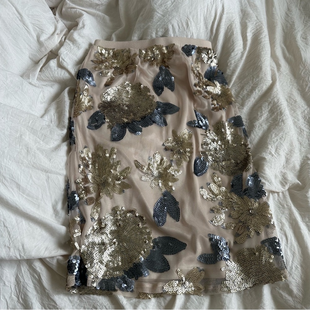 F21 Sequin Cream, Gold , and Blue pencil skirt